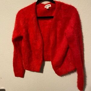 Open Edit Women's Vibrant Red Fuzzy Cardigan